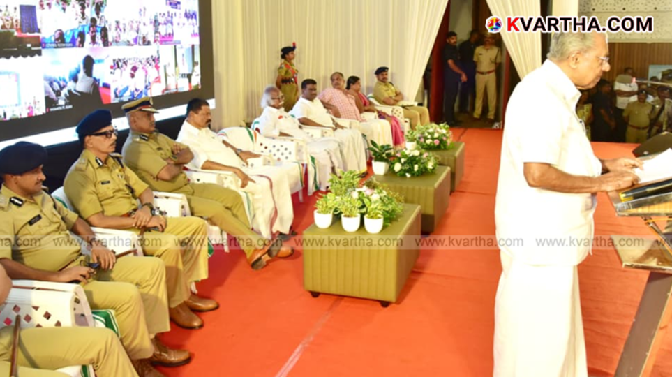 Kerala Chief Minister Pinarayi Vijayan speaking at a police facilities inauguration event in Kannur.