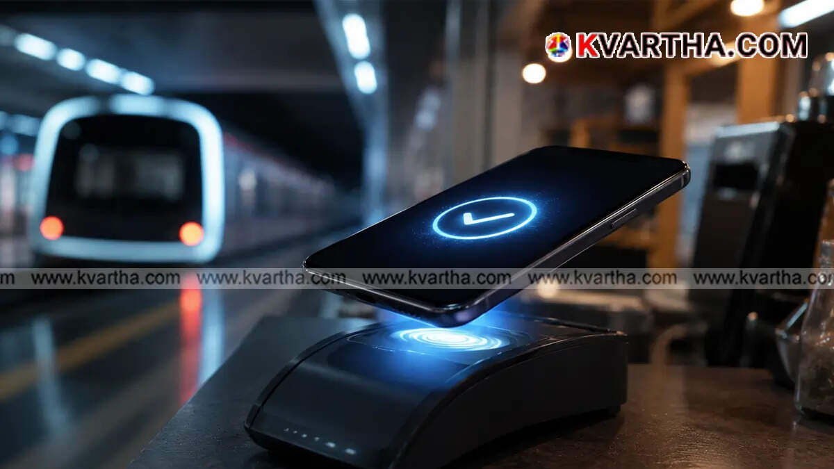 Conceptual image showing a smartphone using offline UPI tap and pay feature at a POS machine