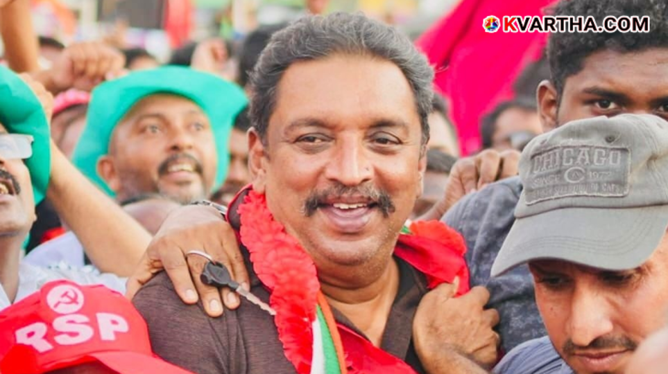 RSP leader Shibu Baby John celebrating victory with supporters in Chavara.