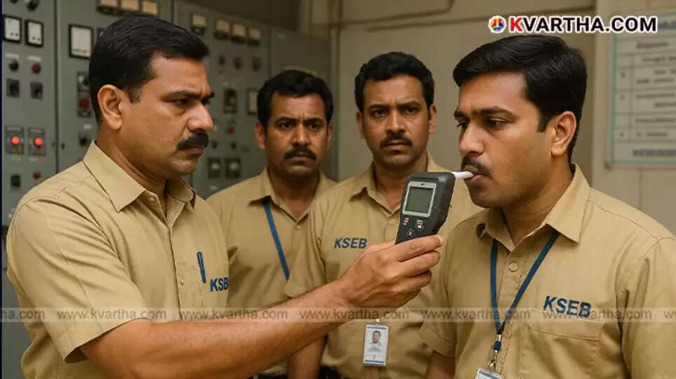 KSEB official conducting a breathalyzer test on an employee.
