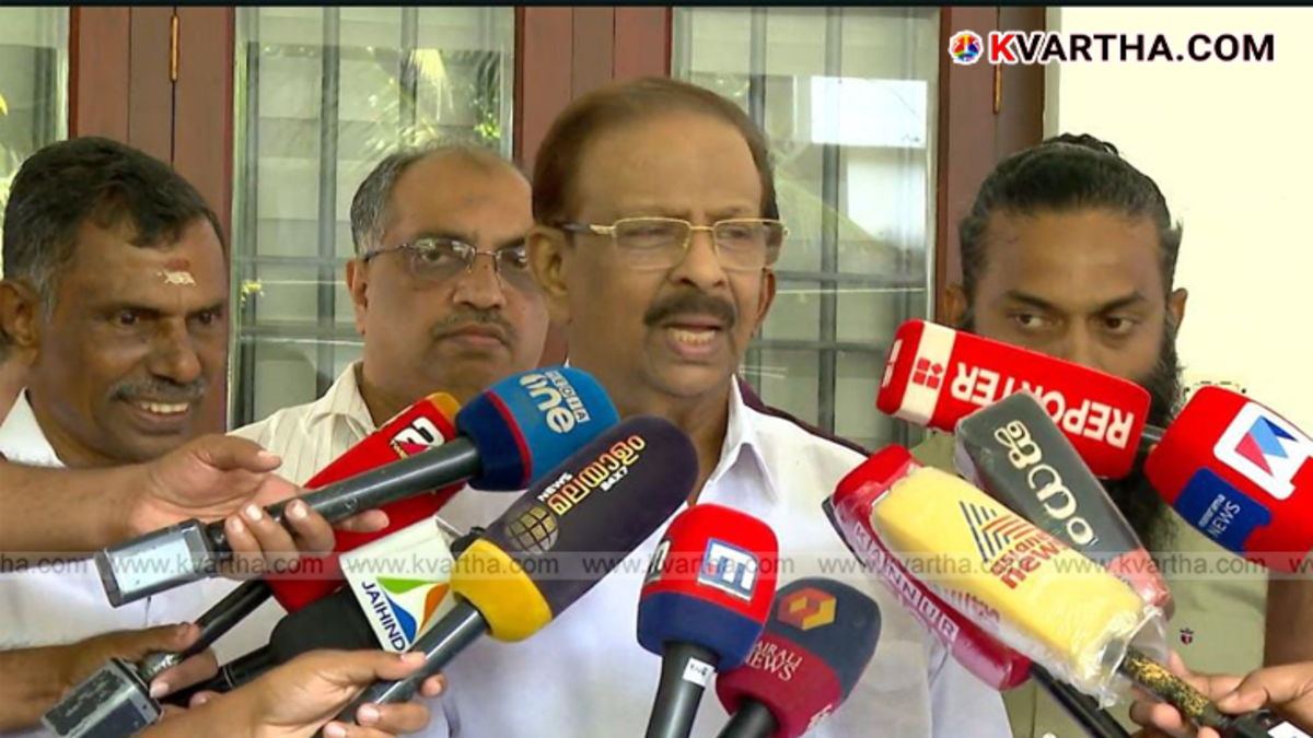  K. Sudhakaran speaking to media in Kannur.