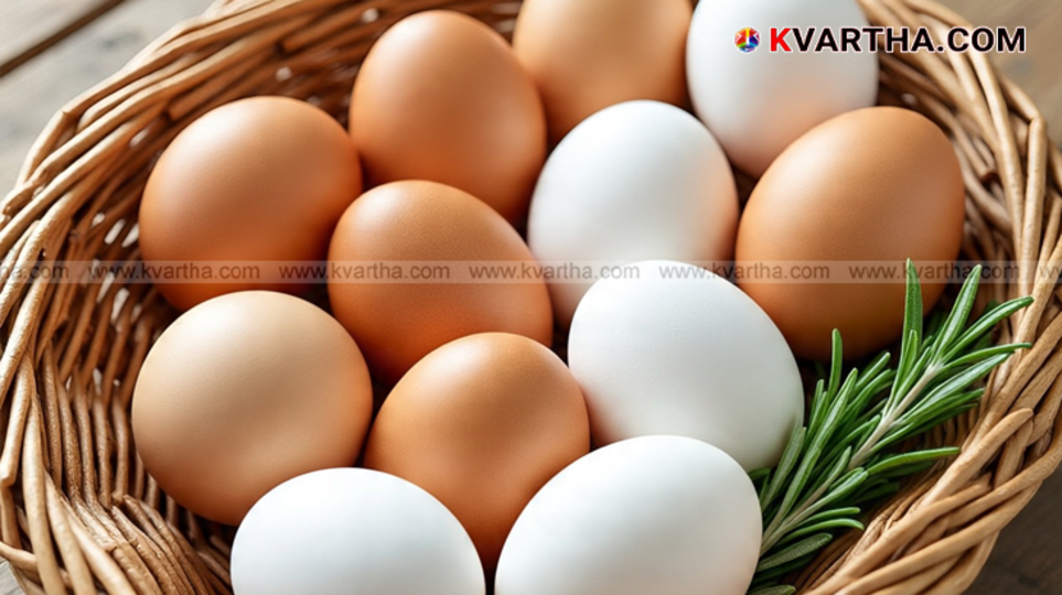 A basket of white and brown eggs.
