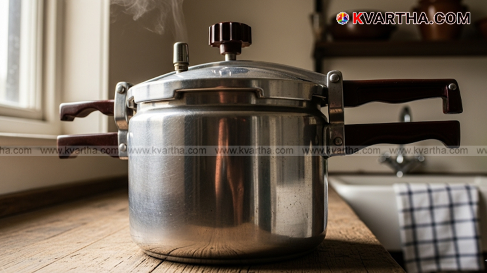  An old, scratched, and discolored pressure cooker.