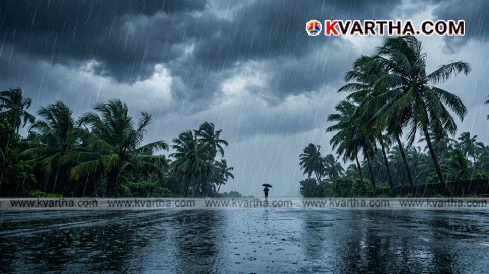 Heavy rain pouring in a street in Kerala.