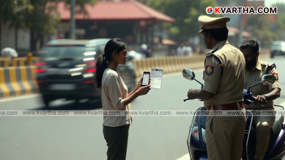 A traffic police officer inspecting a vehicle while the driver holds the documents.