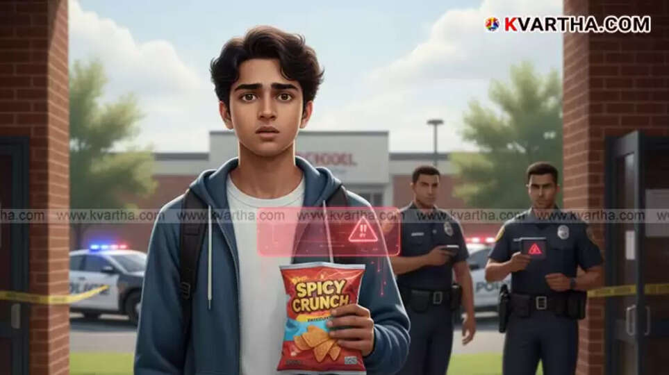 An illustration of a student holding a chips bag outside a school as police approach, symbolizing an AI false security alert.