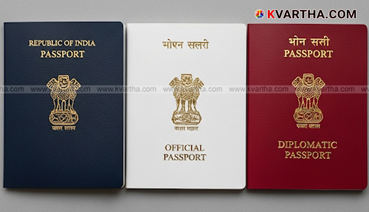 Indian passports of blue, white, and red colors.
