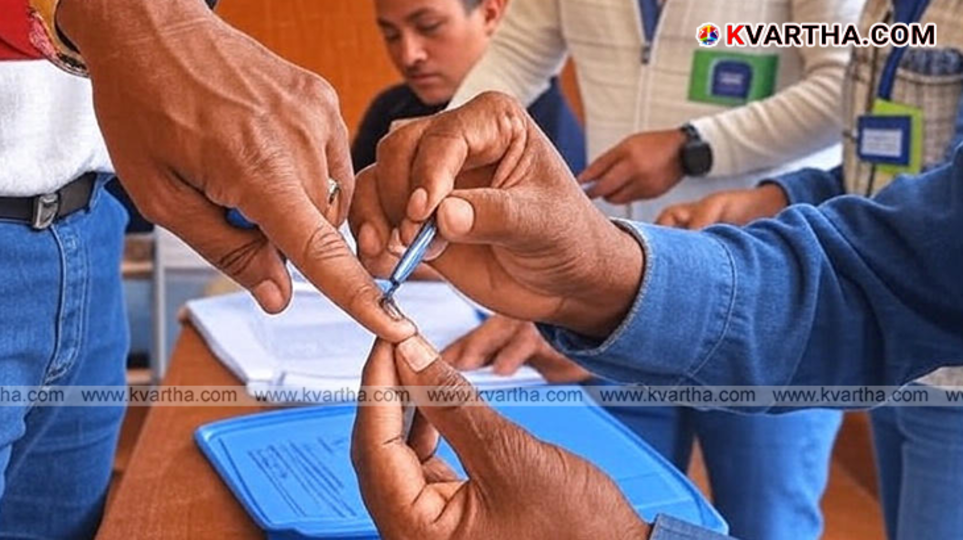 Police officers ensuring security near a polling booth during an election.
