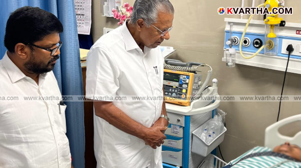 Chief Minister Pinarayi Vijayan interacting with Minister Veena George at the hospital.