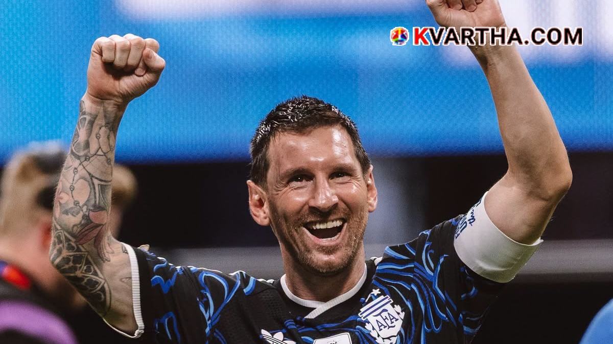 Representational image of Lionel Messi in Argentina jersey celebrating on the football field