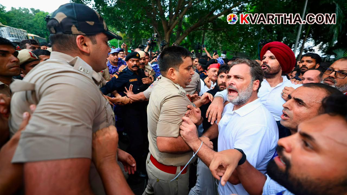 Conceptual image of Rahul Gandhi leading political protest in Delhi