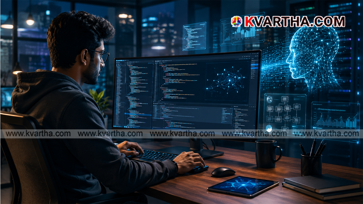 Representational image of artificial intelligence and coding on computer screens