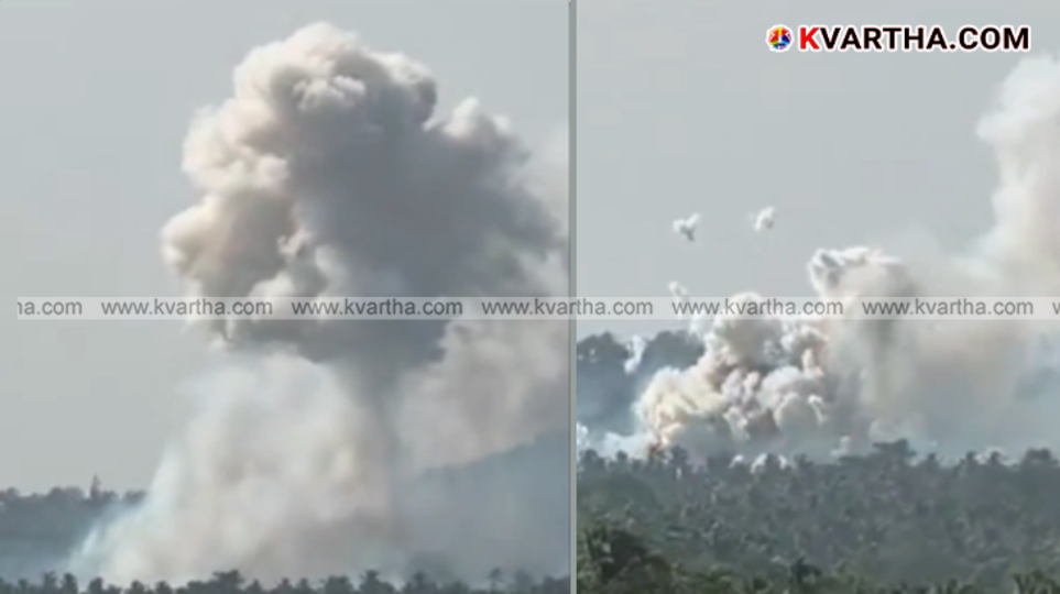 The remains of the ammunition depot where the explosion took place in Mundathikotte, Thrissur, and the fire force units that arrived for the rescue operation.&nbsp;