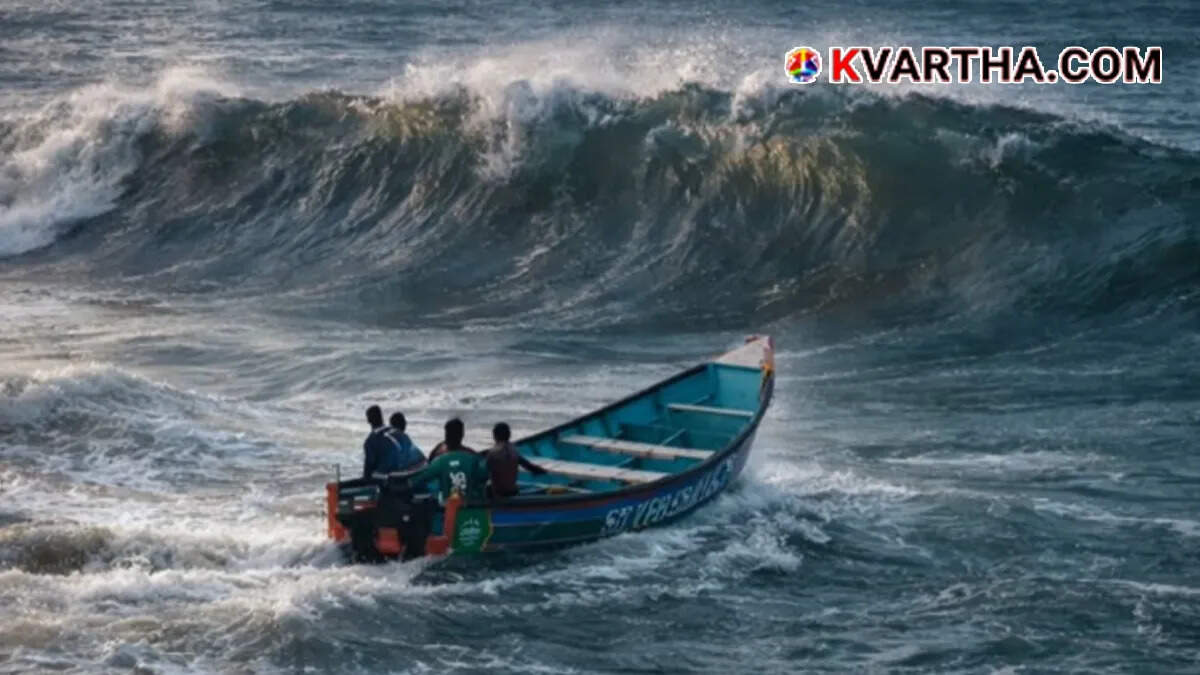  A fishing boat struggling in rough seas near a breakwater