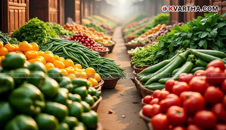 Vegetables on display in a market with increased prices during the Onam festival.