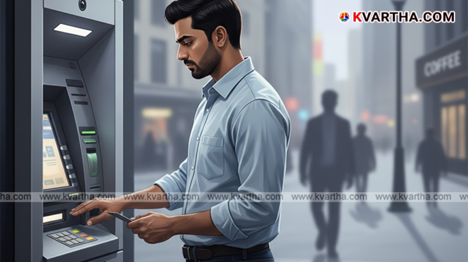 Hand covering ATM keypad while entering PIN for security.