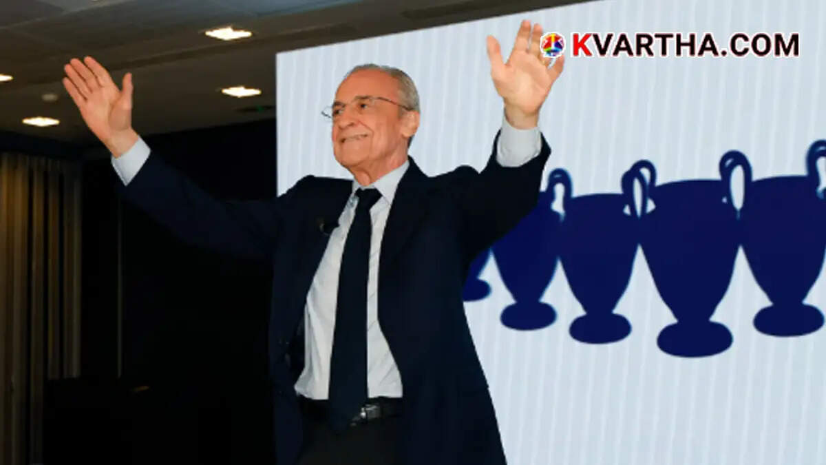 Florentino Perez addressing the media after re-election.