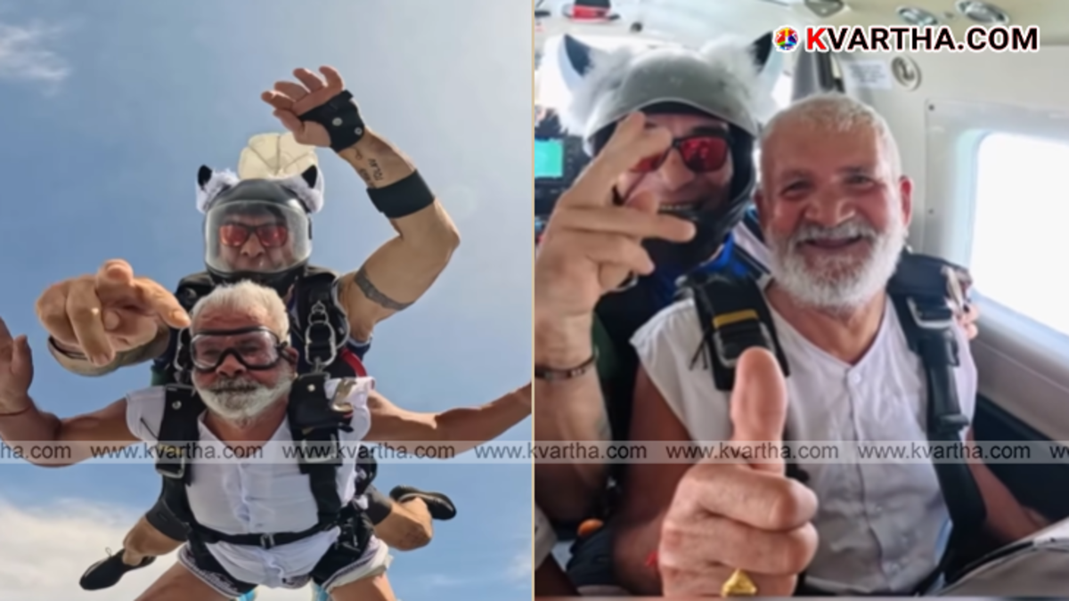 An elderly man and his grandson preparing to board an aircraft for skydiving.