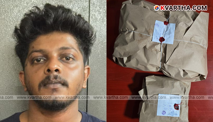 Excise officials displaying seized packets of ganja in Kannur