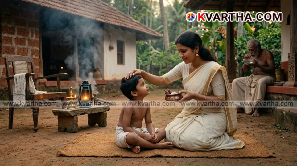  A warm and rustic traditional Kerala village kitchen scene with burning charcoal firewood inside an earthen stove hearth.