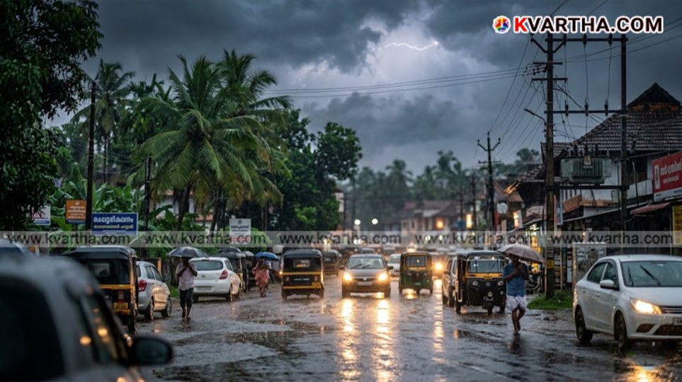 Heavy rain falling on the streets of Kerala with vehicles moving cautiously.