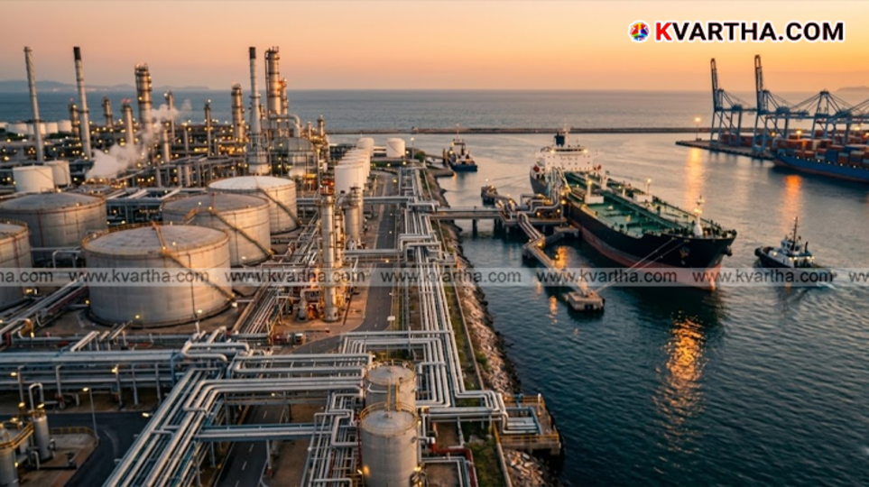 An oil refinery plant in India with large storage tanks representing the energy sector