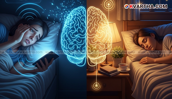 A person using their phone while lying in bed at night.
