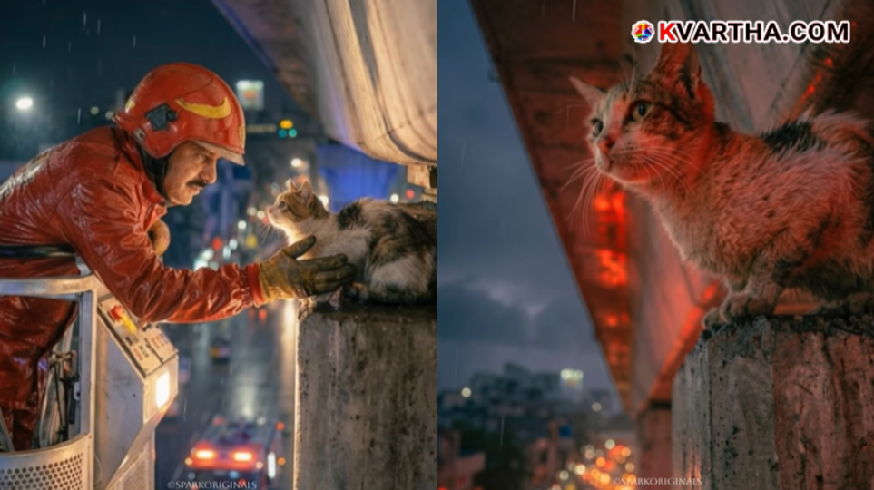 Kerala Fire and Rescue Services personnel rescuing a cat from a Kochi Metro pillar using a crane.