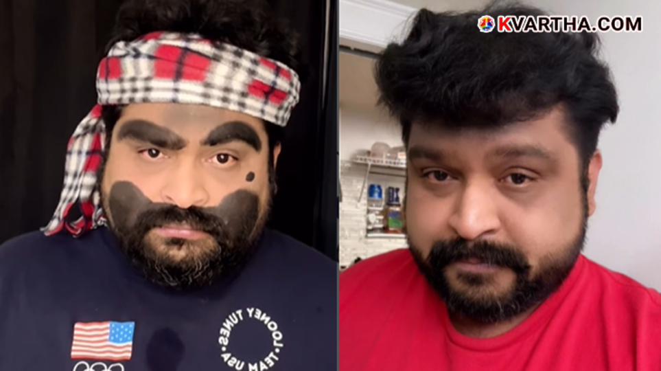 Sharath Unnithan in his famous 'Gunda Binu' attire and his portrait as a mimicry artist.