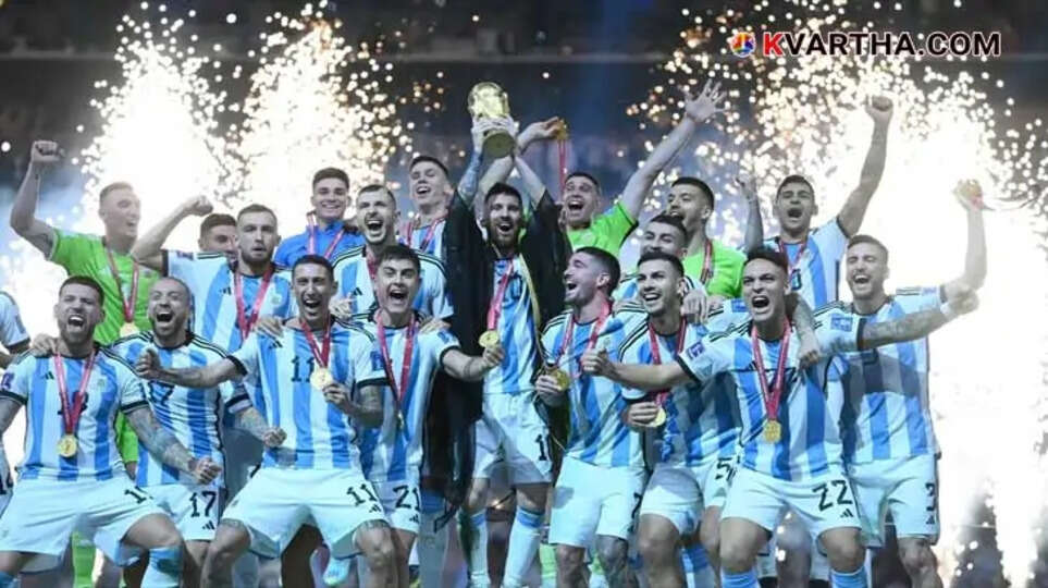 Lionel Messi celebrating with the World Cup trophy