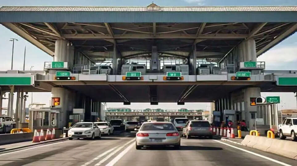 Vehicles waiting in a queue at a toll booth.