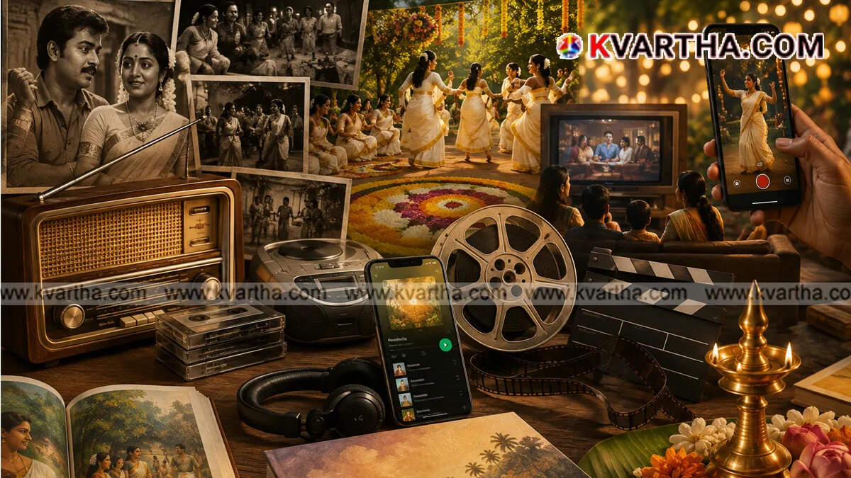 A picture illustrating the evolution of Onam movies and media.