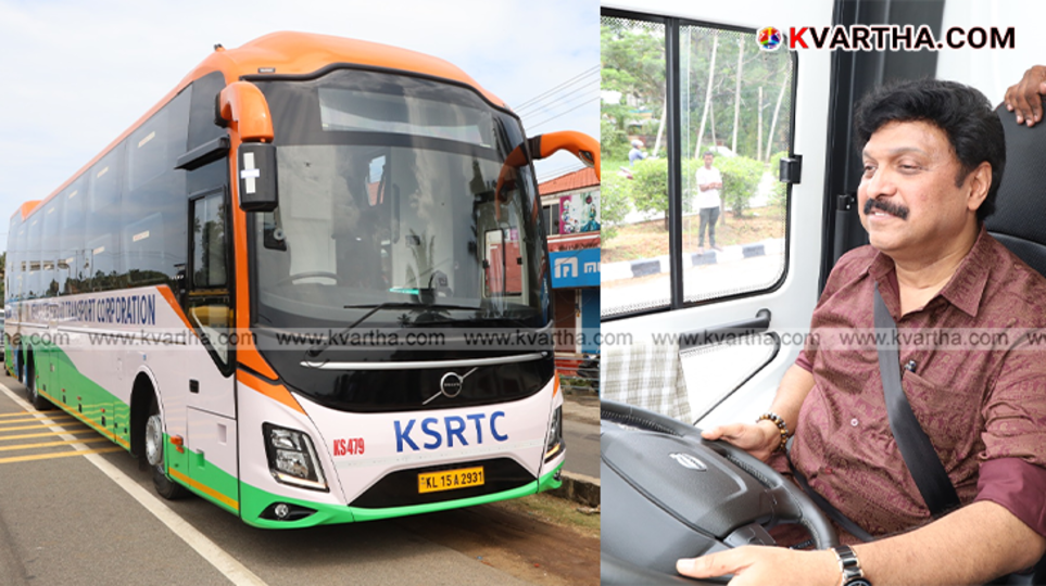Minister KB Ganesh Kumar driving the KSRTC Volvo sleeper bus
