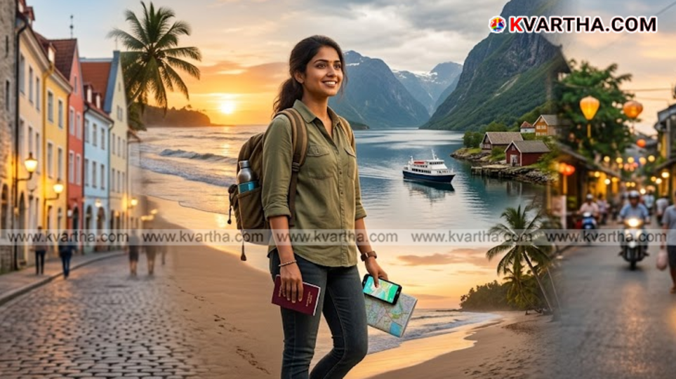 A symbolic image of a woman traveling alone, enjoying the beauty of nature, and a map of safe countries.
