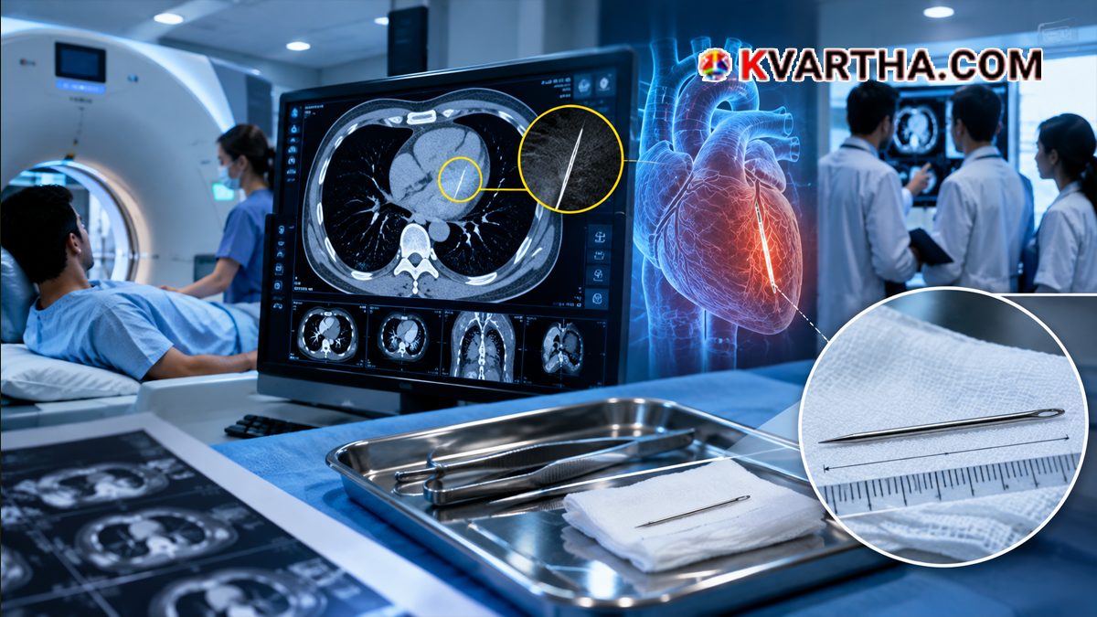 Representational image reflecting medical scan showing sewing needles in patient's body