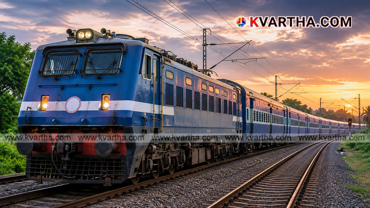 Indian Railways train moving on tracks.