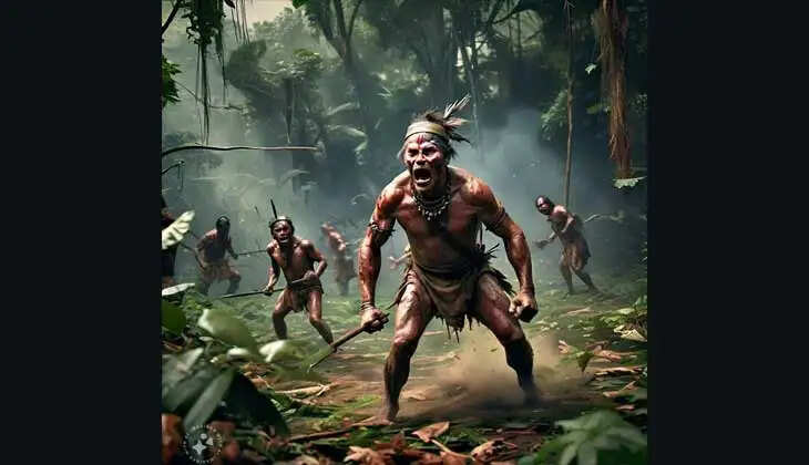 An Indian vlogger interacting with a member of the Korowai tribe.