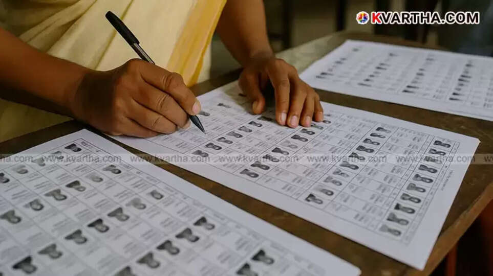  Photo of a polling official checking printed voter list sheets.