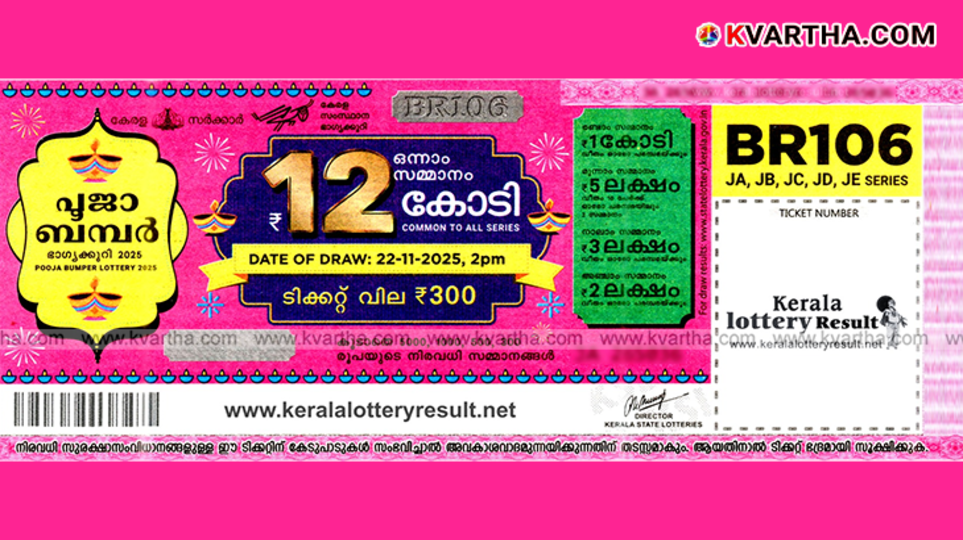 Kerala Pooja Bumper Lottery Ticket with prize money details.