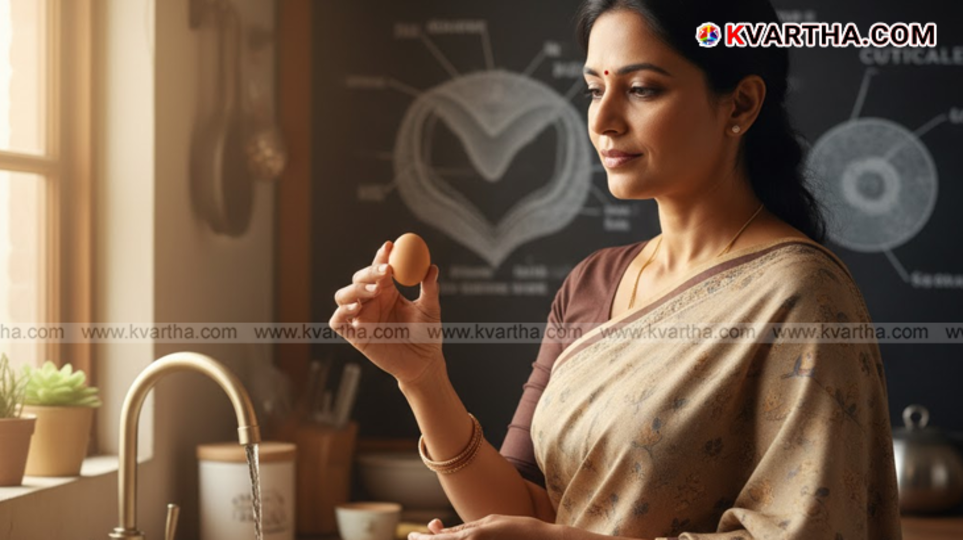 Hand washing a raw egg with water, showing the risk of removing the cuticle.