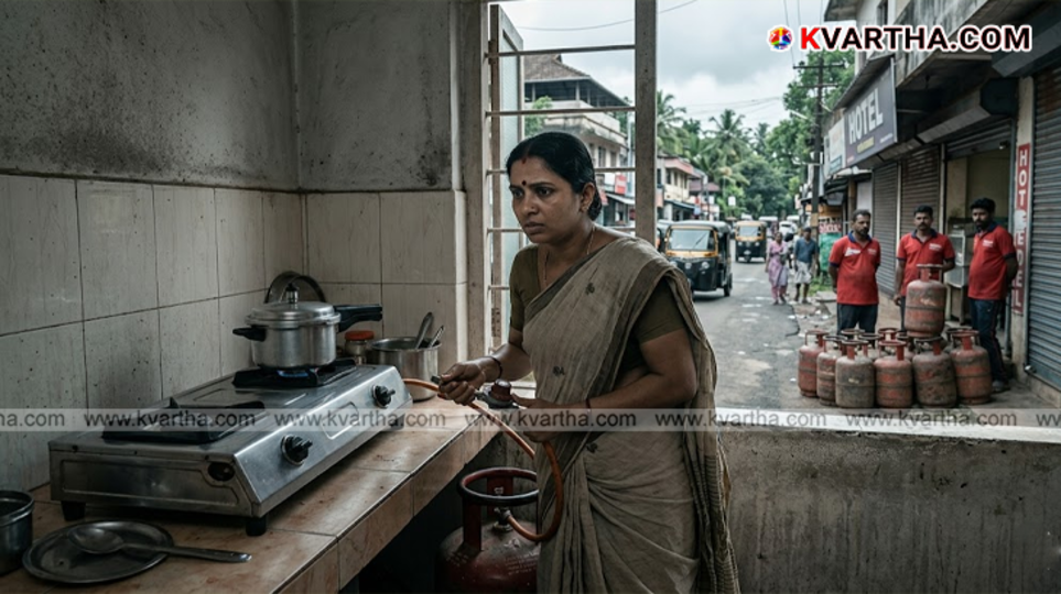 LPG gas cylinders stacked in a godown with officials monitoring distribution in Kerala.
