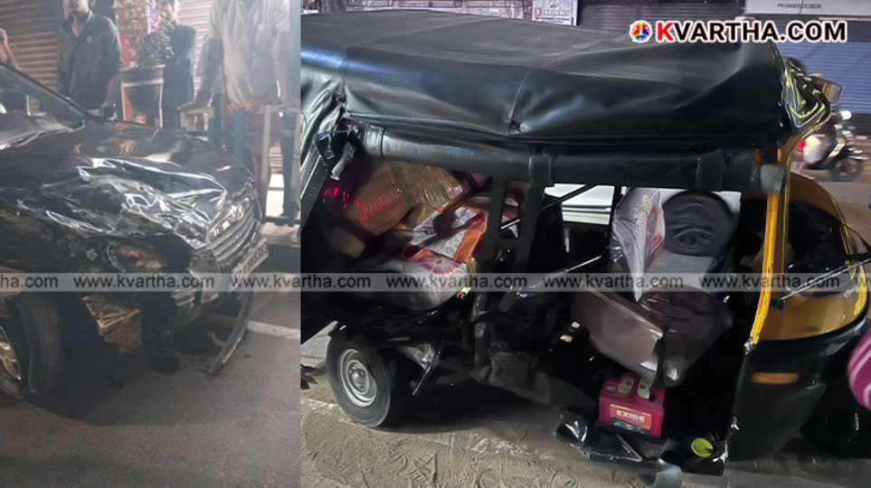 Severely damaged auto-rickshaw after car collision in Payyanur