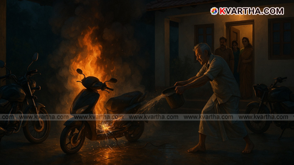 Burnt electric scooter after catching fire while charging in Nedumbassery.