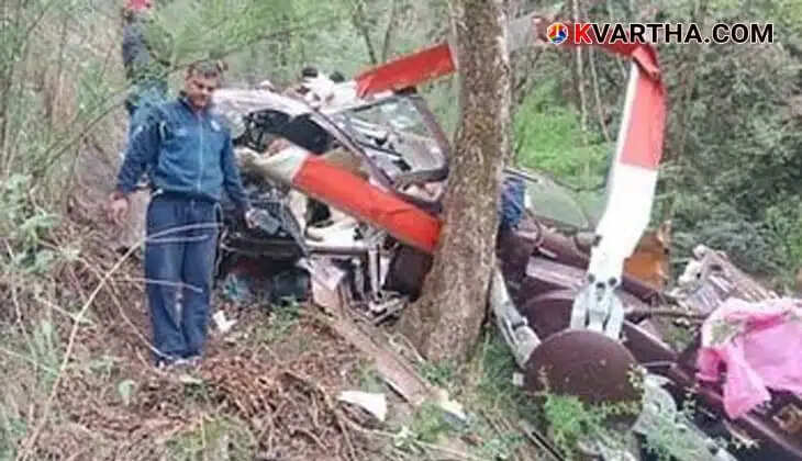 Wreckage of a crashed helicopter in a mountainous region of Uttarkashi.