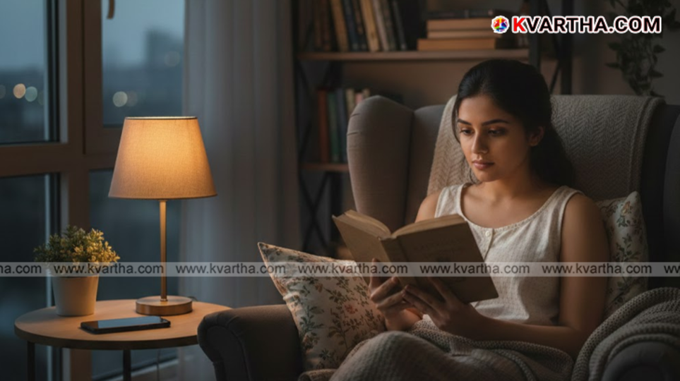 A person reading a book in a dimly lit room before going to bed, illustrating healthy nighttime habits.
