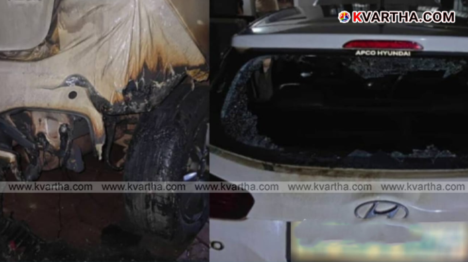 A symbolic scene of the attacked house and burnt car in Payyannur.
