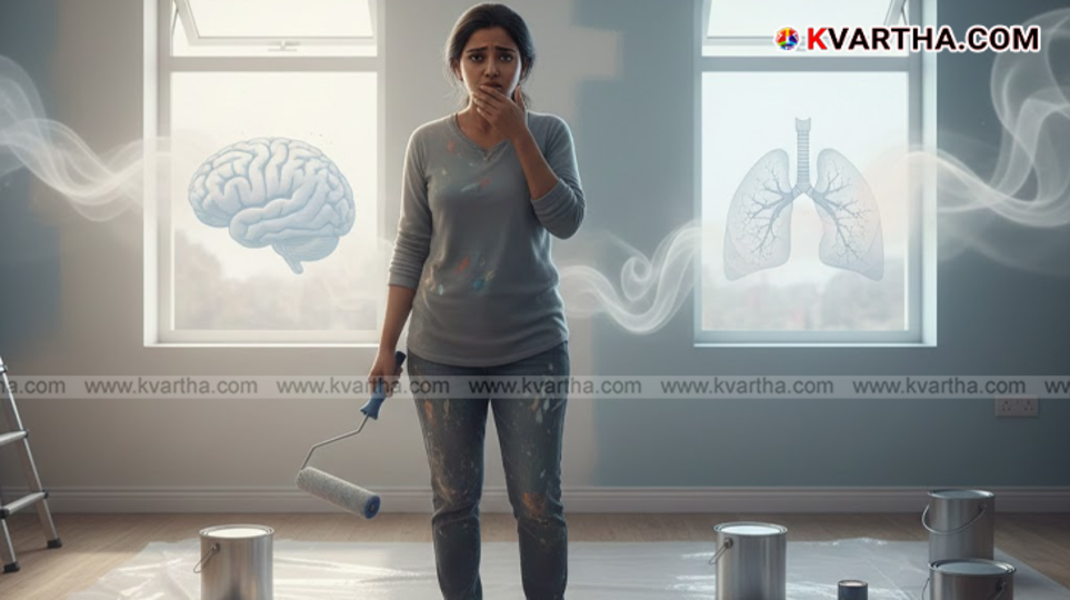  A worker painting a wall with hazardous fumes warning