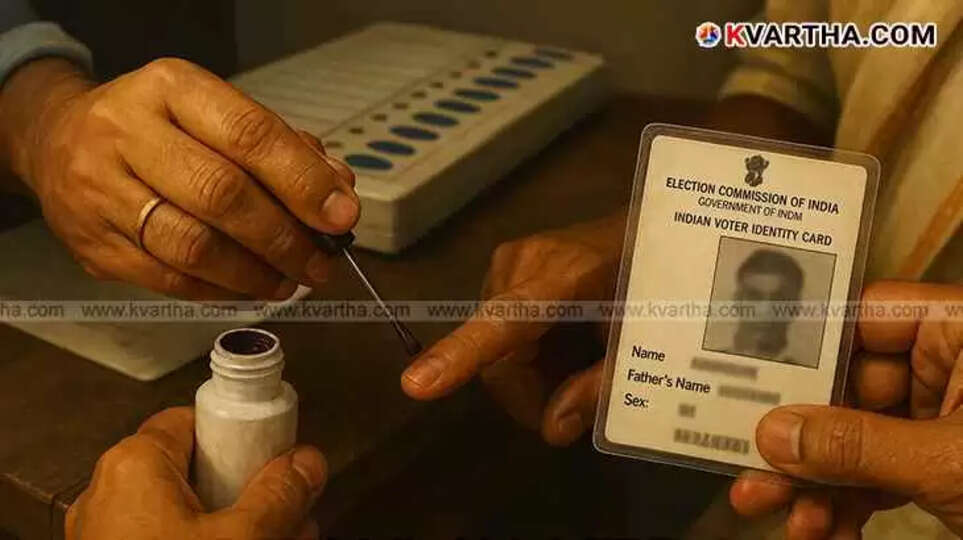 Official applying indelible ink on a voter's finger during elections.