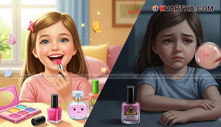 Baby's face with some cosmetic products in the background.
