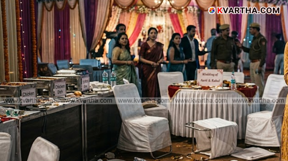 A conceptual image showing a chaotic scene and police investigation at a wedding venue.